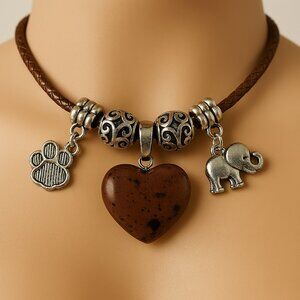 Brown Heart Charm Necklace Beads, Silver Charms – 18" Brown Cord Fashion Jewelry